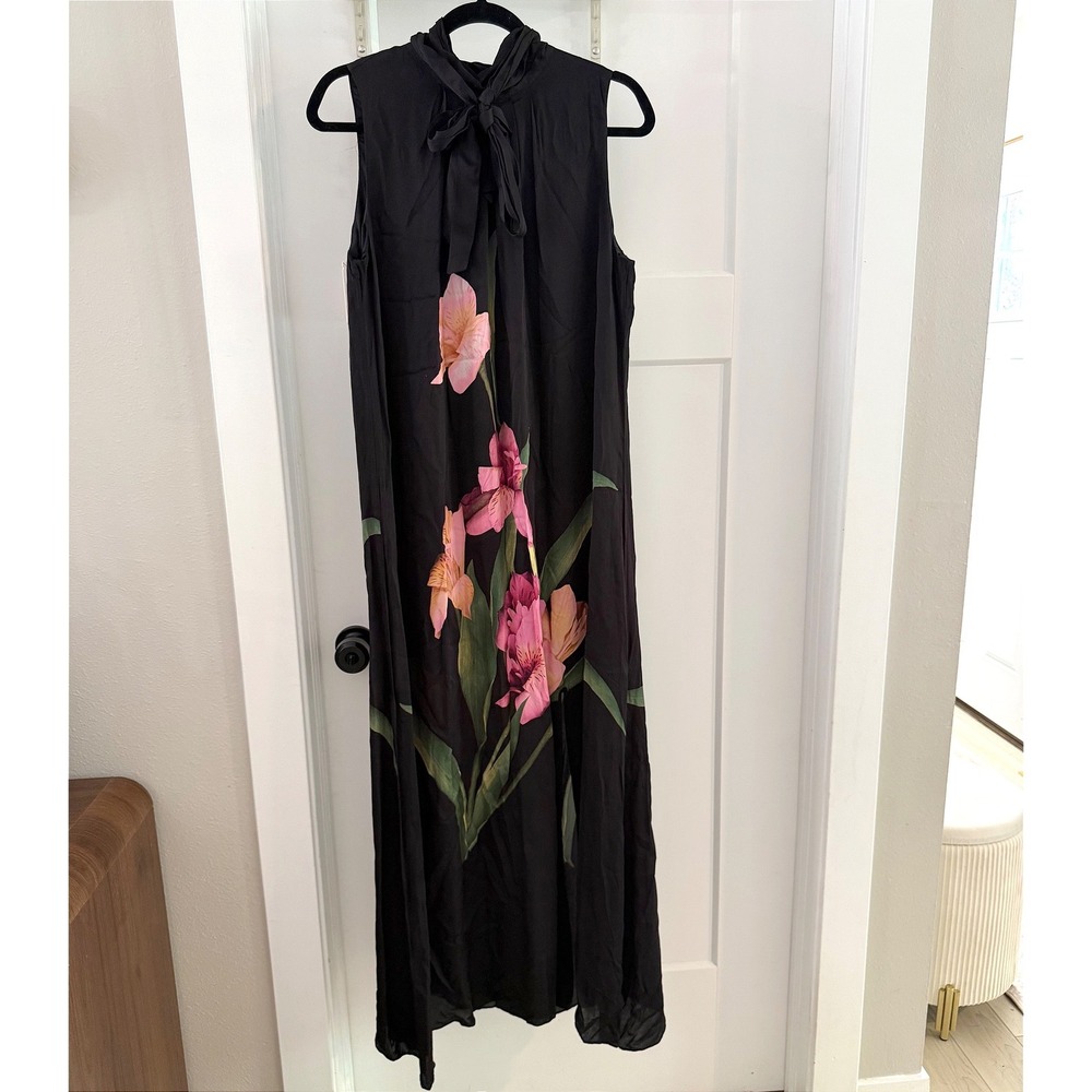 Ted Baker London Sleeveless Bow Maxi Dress Black Pink Floral Size M Chic Modest